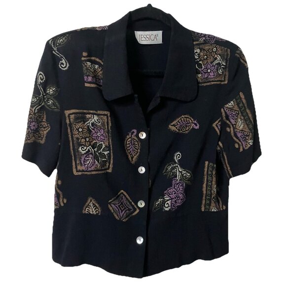 Vintage Jessica Blouse Womens Cropped Abstract Blouse Rayon 90s Boho - Picture 1 of 6